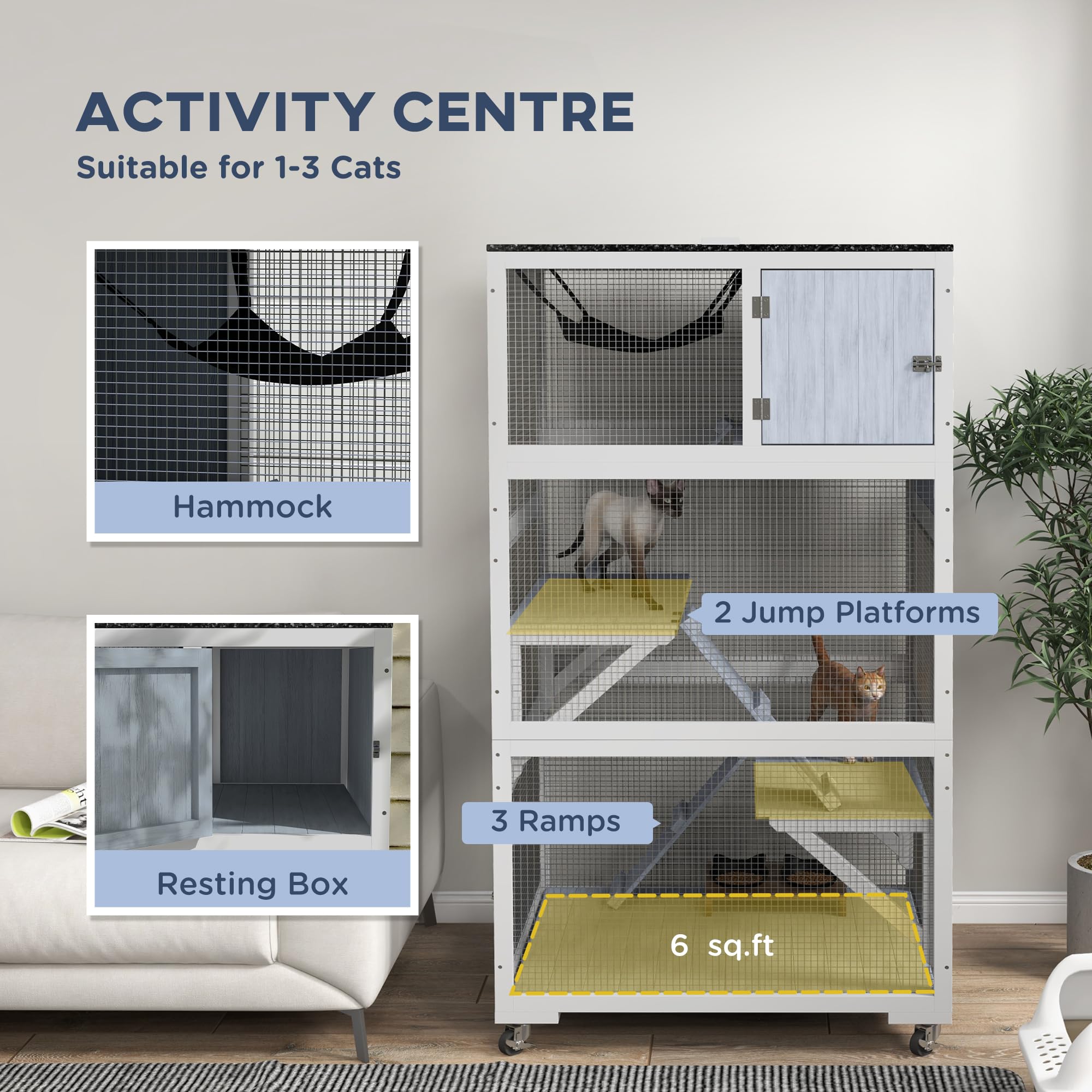 Pawhut Catio, Outdoor Cat Enclosure House, Wooden Feral Cat Shelter On Wheels, Cat Cage With Hammock, Platforms Ramps, And Weath